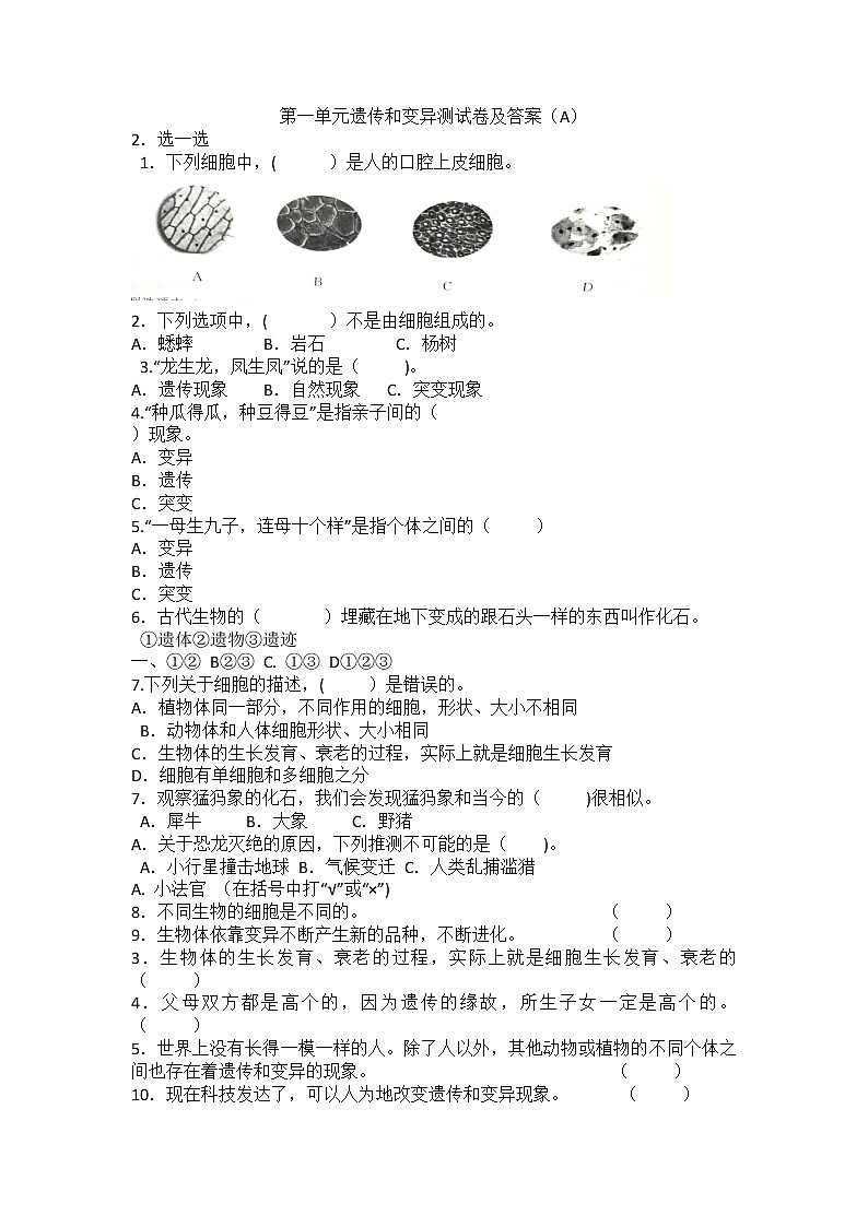 新青岛版六年级上册科学 第一单元 遗传和变异 测试卷及答案（A）01