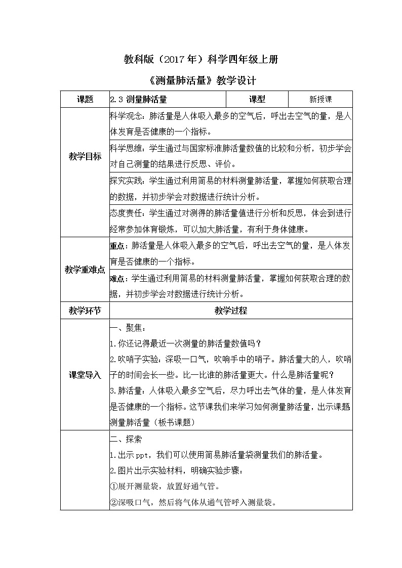 教科版(2017)科学四年级上册2.3《测量肺活量》课件+教案+练习01