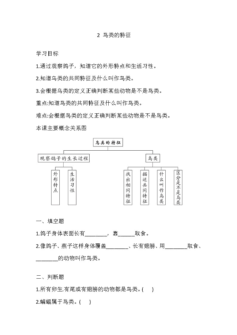 大象版科学三上 2.2 鸟类的特征 导学精练（含答案）01