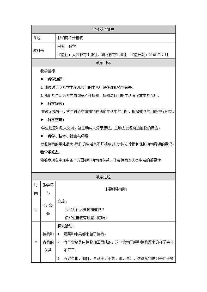 鄂教人教版二上科学 3我们离不开植物 教案01