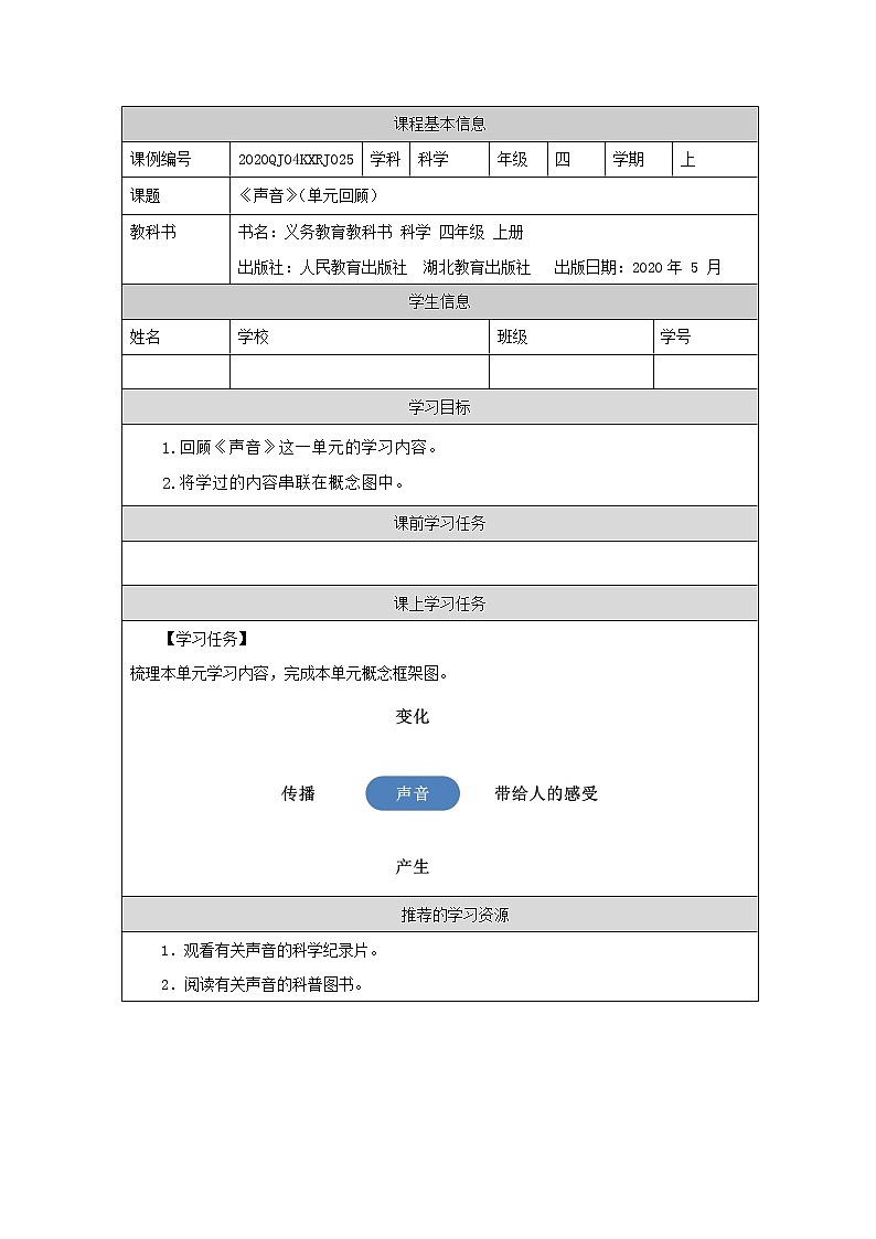 新人教鄂教版科学四上：第五单元 声音 单元回顾 PPT课件+内嵌视频+教学设计+任务单+练习01