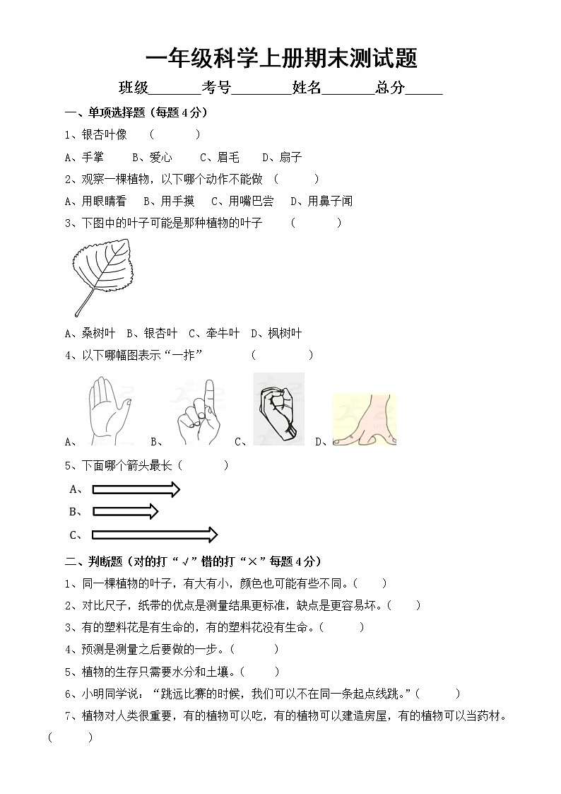 小学科学教科版一年级上册期末测试题（2022秋）01