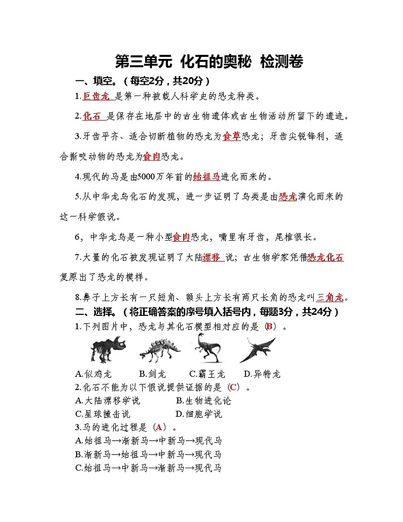 第三单元 化石的奥秘 检测卷 （含答案）01