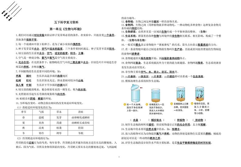 教科版小学科学五下复习资料 试卷01
