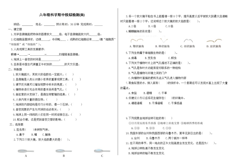 【期中模拟卷】教科版科学六年级上册 期中模拟卷(B)（含答案）01