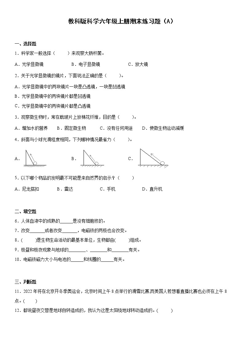 教科版六上科学期末测试卷4（含答案）01