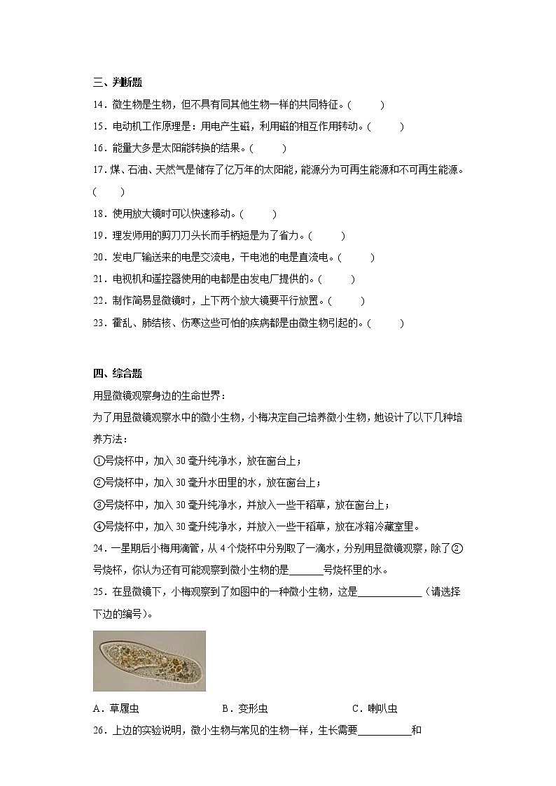 教科版六上科学期末测试卷6 （含答案）第2页