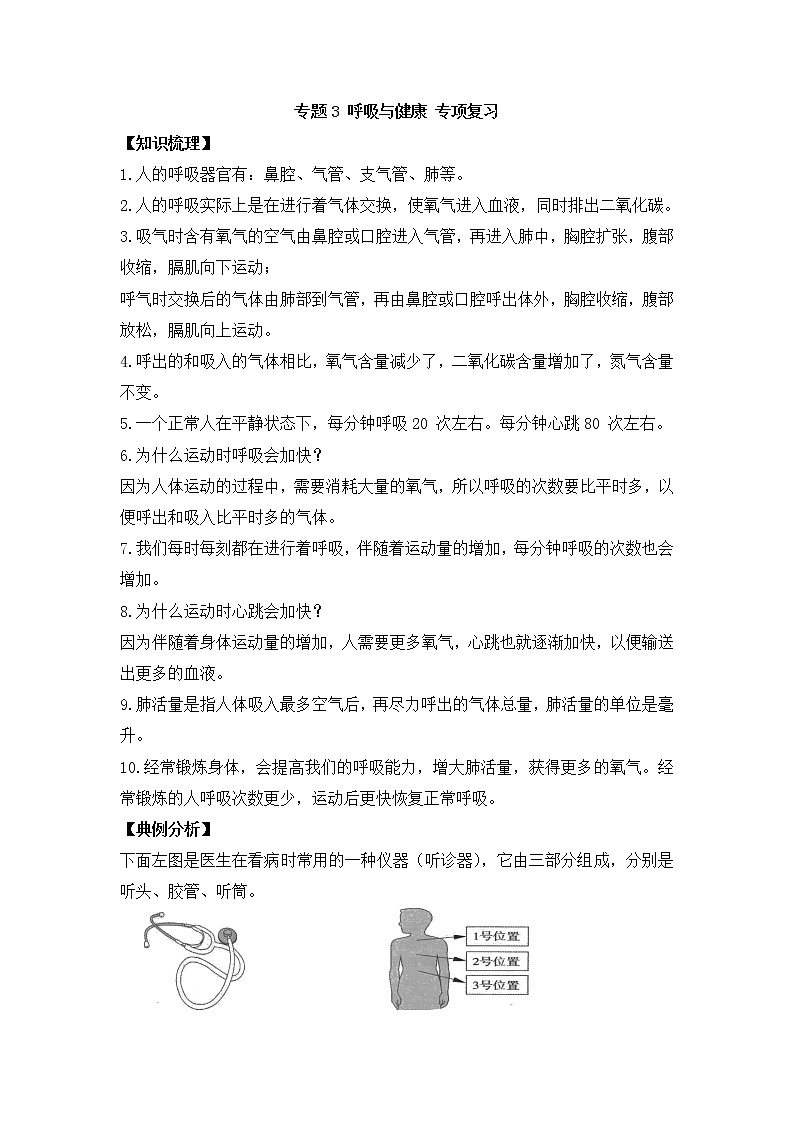 教科版科学四年级上册  期中专题3 呼吸与健康 专项复习01
