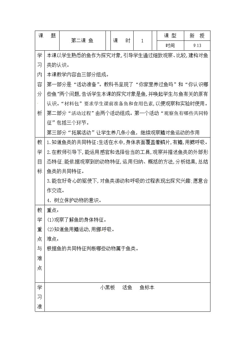 青岛版四上科学 2 鱼 教案(表格式)01