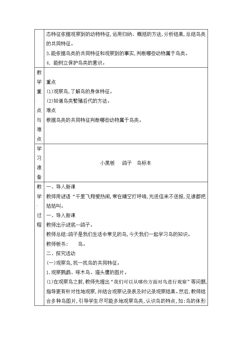 青岛版四上科学 3 鸟 教案(表格式)02