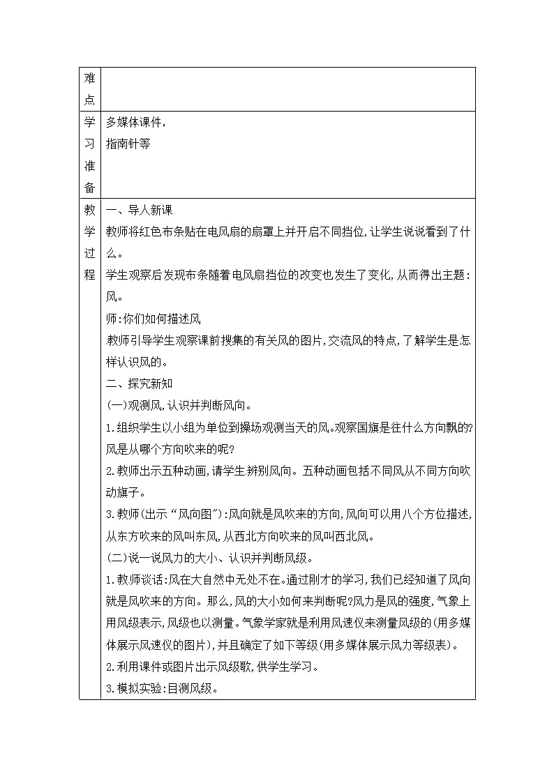 青岛版四上科学 12 风向和风力 教案(表格式)02