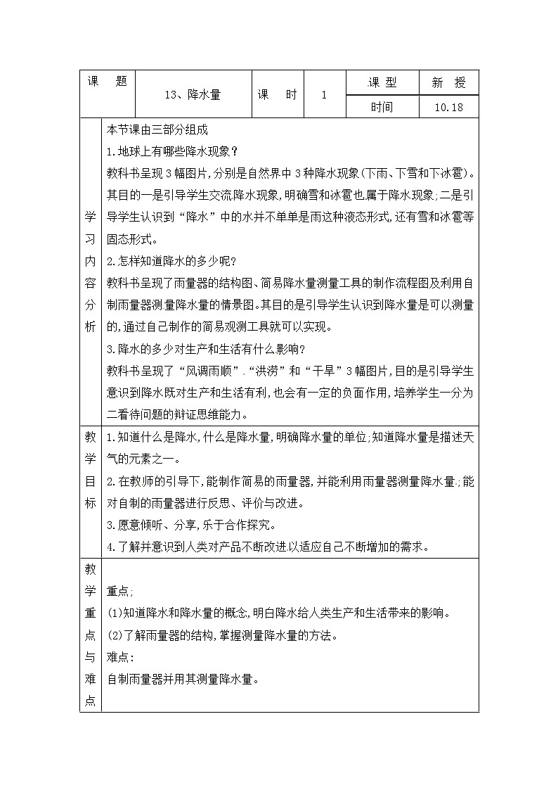 青岛版四上科学 13 降水量 教案(表格式)第1页