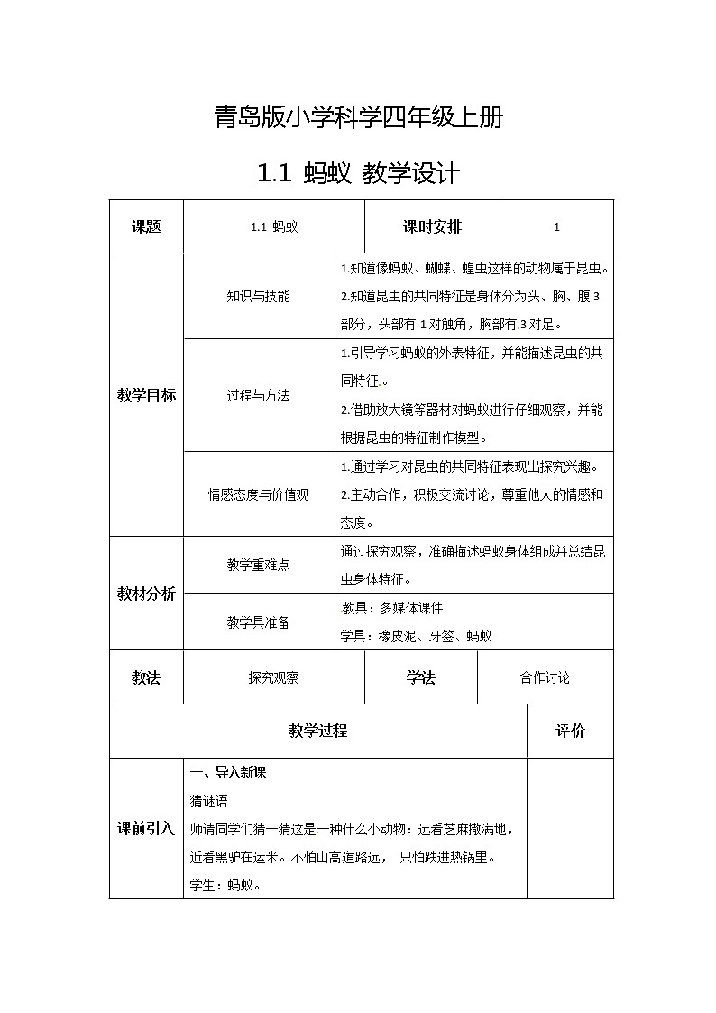 新青岛版科学四年级上册 1.1蚂蚁 课件PPT+教案+习题01