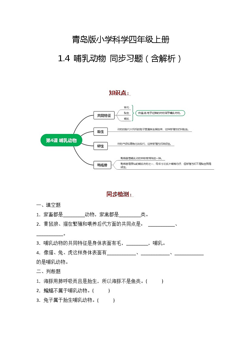 新青岛版科学四年级上册 1.4哺乳动物 习题第1页