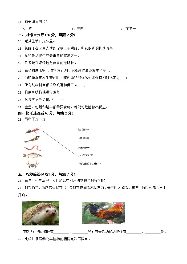 大象版小学科学二年级上册第四单元练习题（含答案）第2页