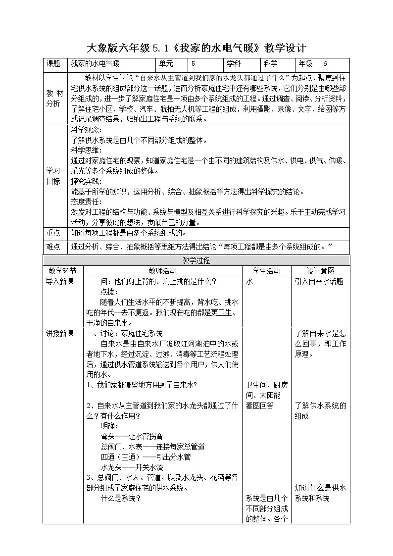大象版科学（2017）六年级上册5.1《我家的水电气暖》教案01