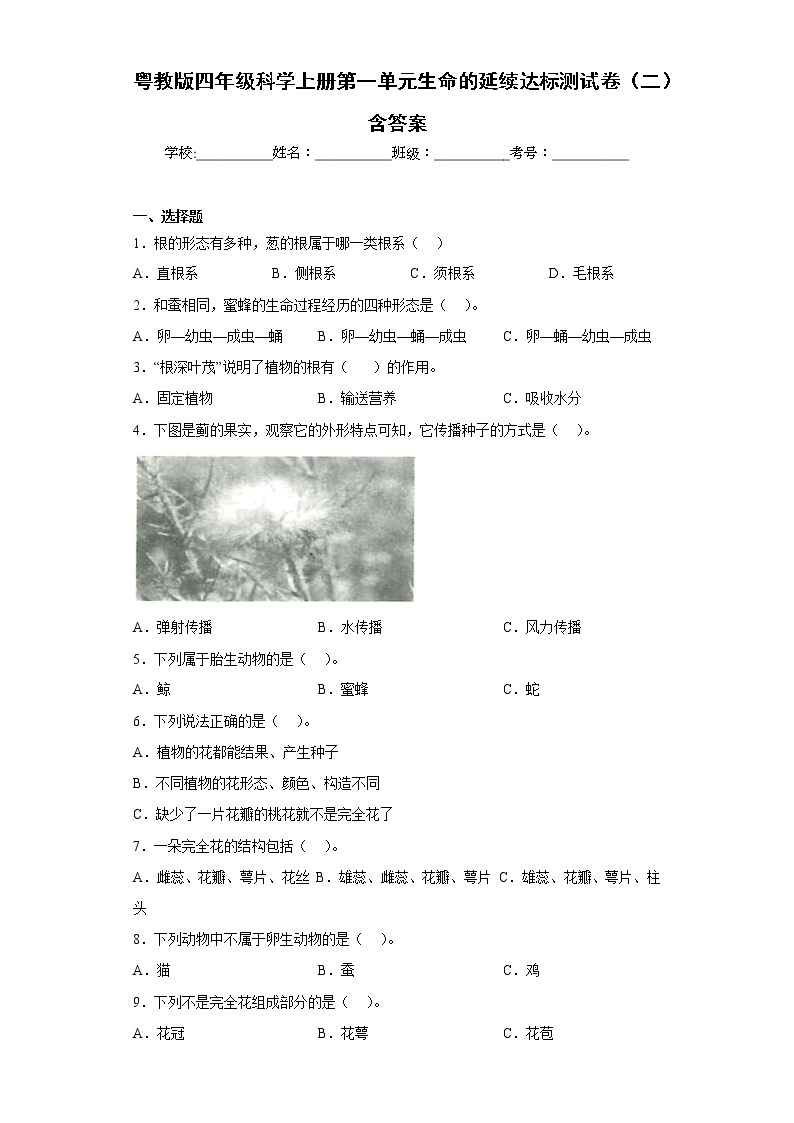 粤教版四年级科学上册第一单元生命的延续达标测试卷（二）含答案01