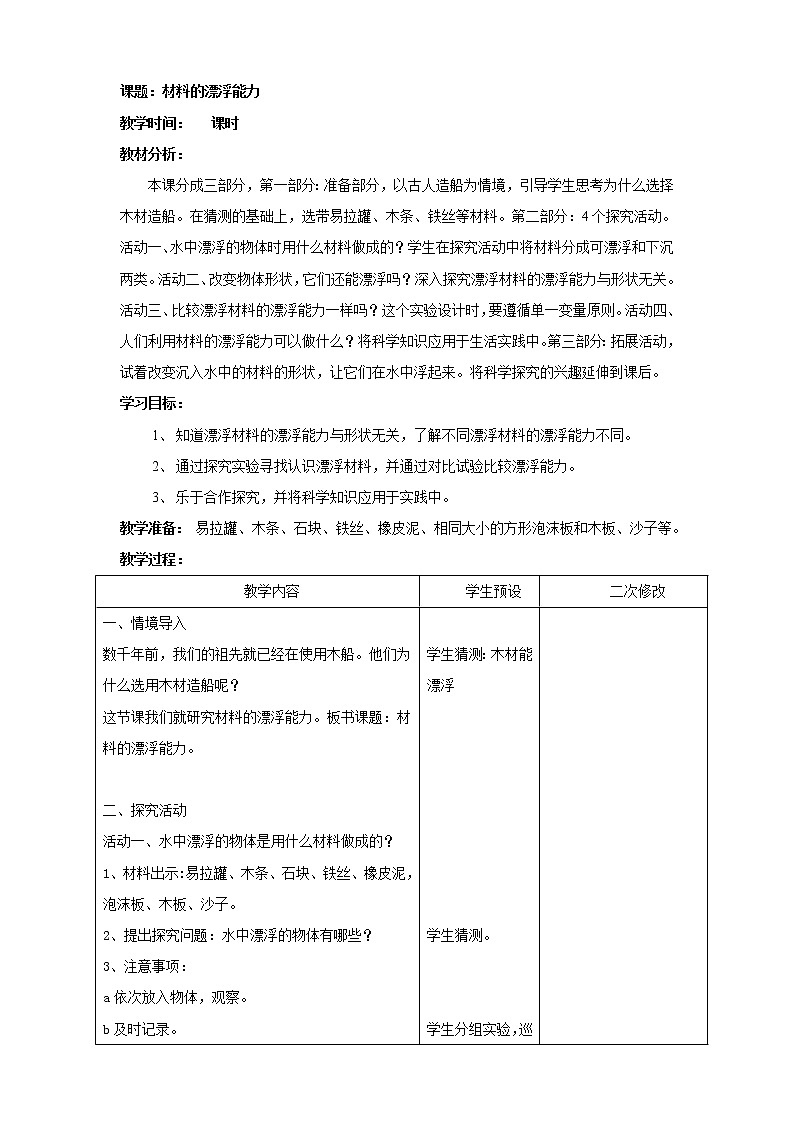 青岛版五年级科学上册教案18.材料的漂浮能力第1页
