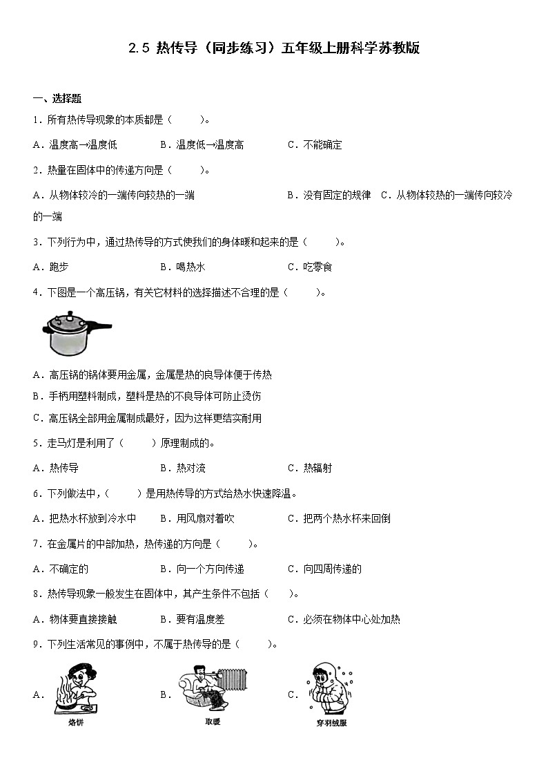 2.5热传导（同步练习）五年级上册科学苏教版第1页