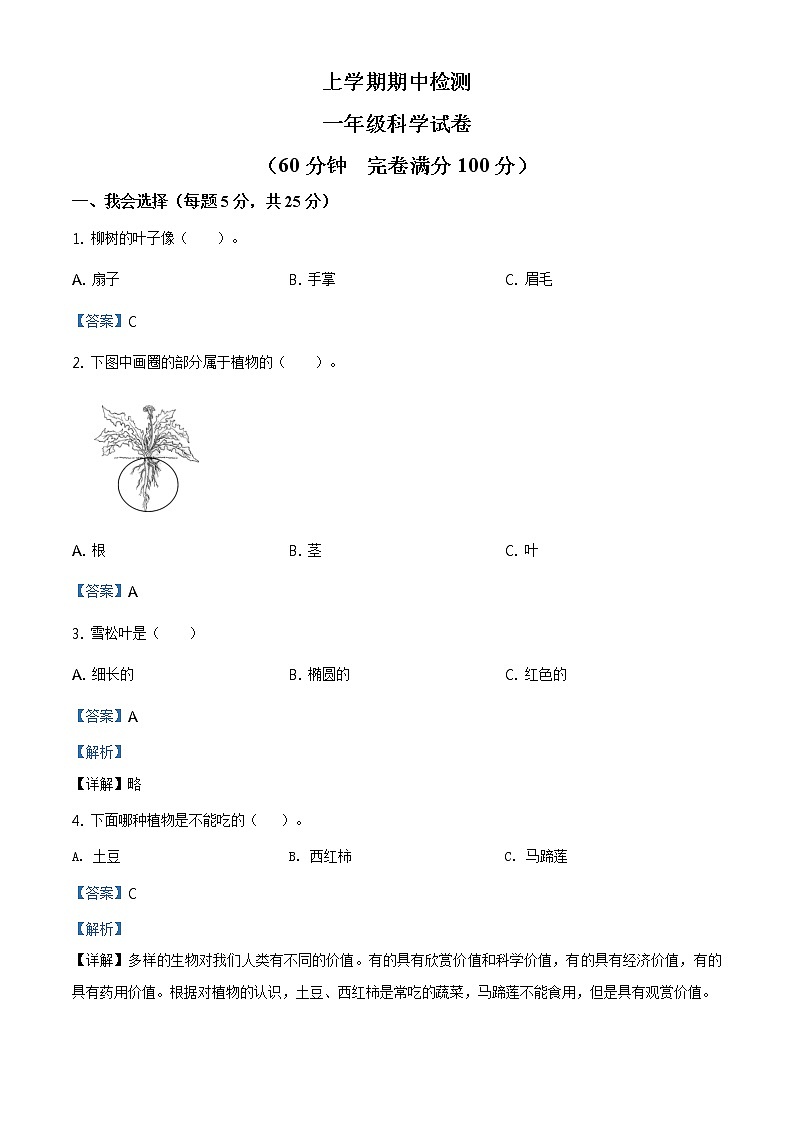 科学一年级上学期期中试题3（教科版，含答案）01
