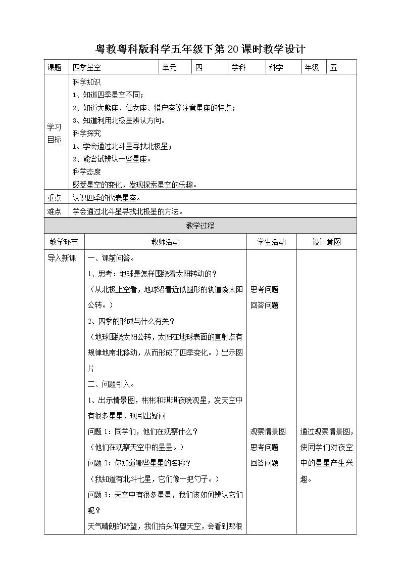 粤教粤科版五下科学 4.20《四季星空》课件+教案+练习01