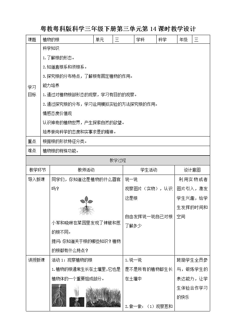 粤教粤科版小学科学三下第三单元第14课时《植物的根》教案第1页