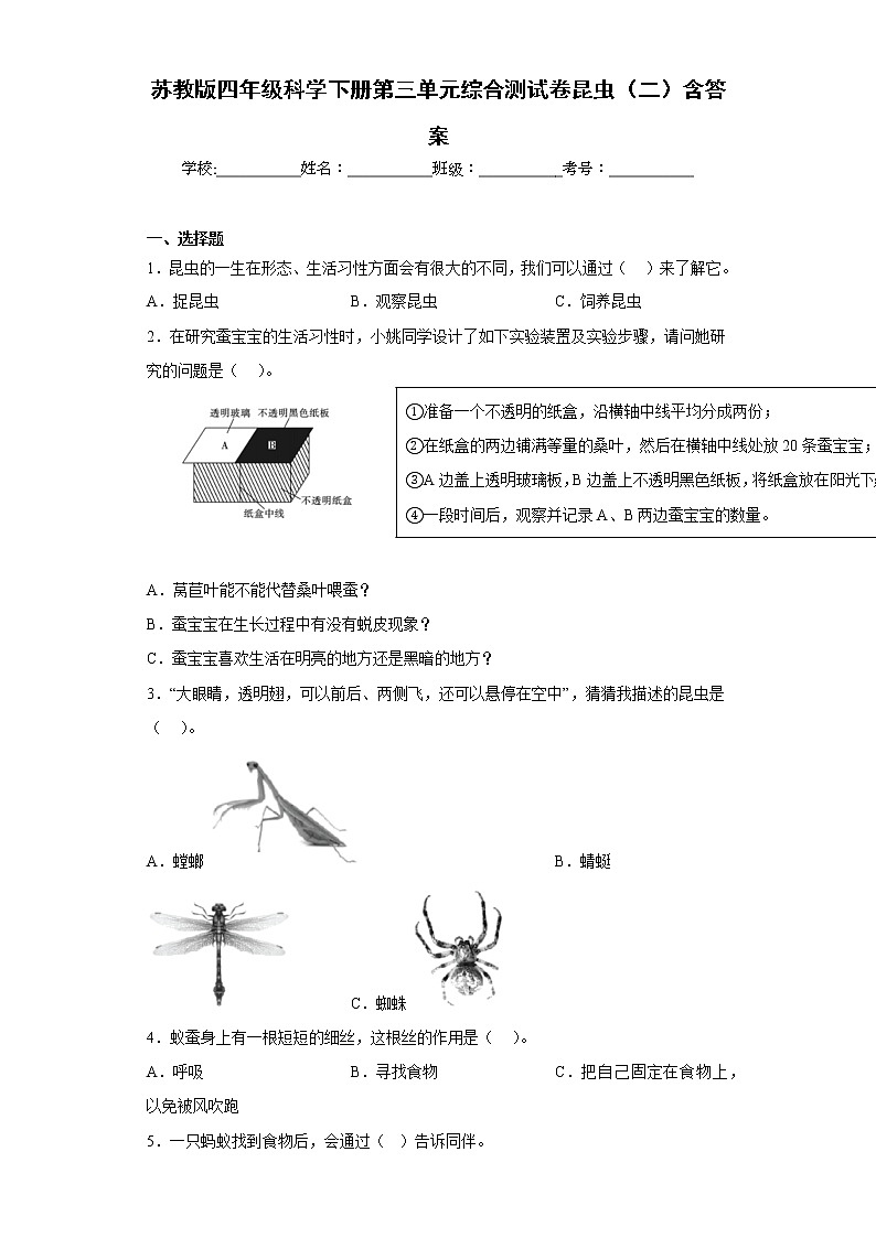 苏教版四年级科学下册第三单元综合测试卷昆虫（二）含答案第1页