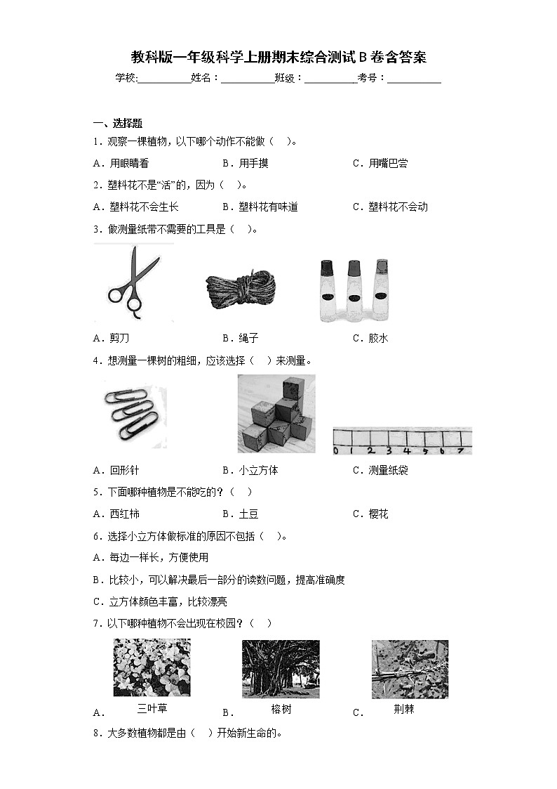 教科版一年级科学上册期末综合测试B卷含答案01