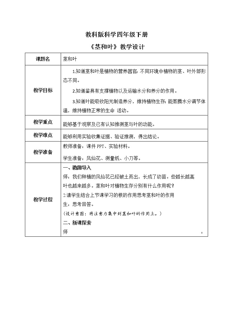 教科版科学四年级下册4.《茎和叶》课件ppt（送教案+练习）01