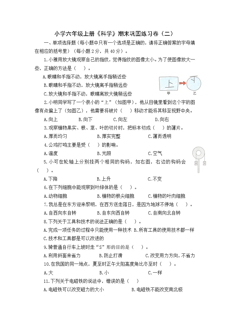 【期末模拟】教科版科学六年级上册期末巩固练习卷（二）（含答案）01