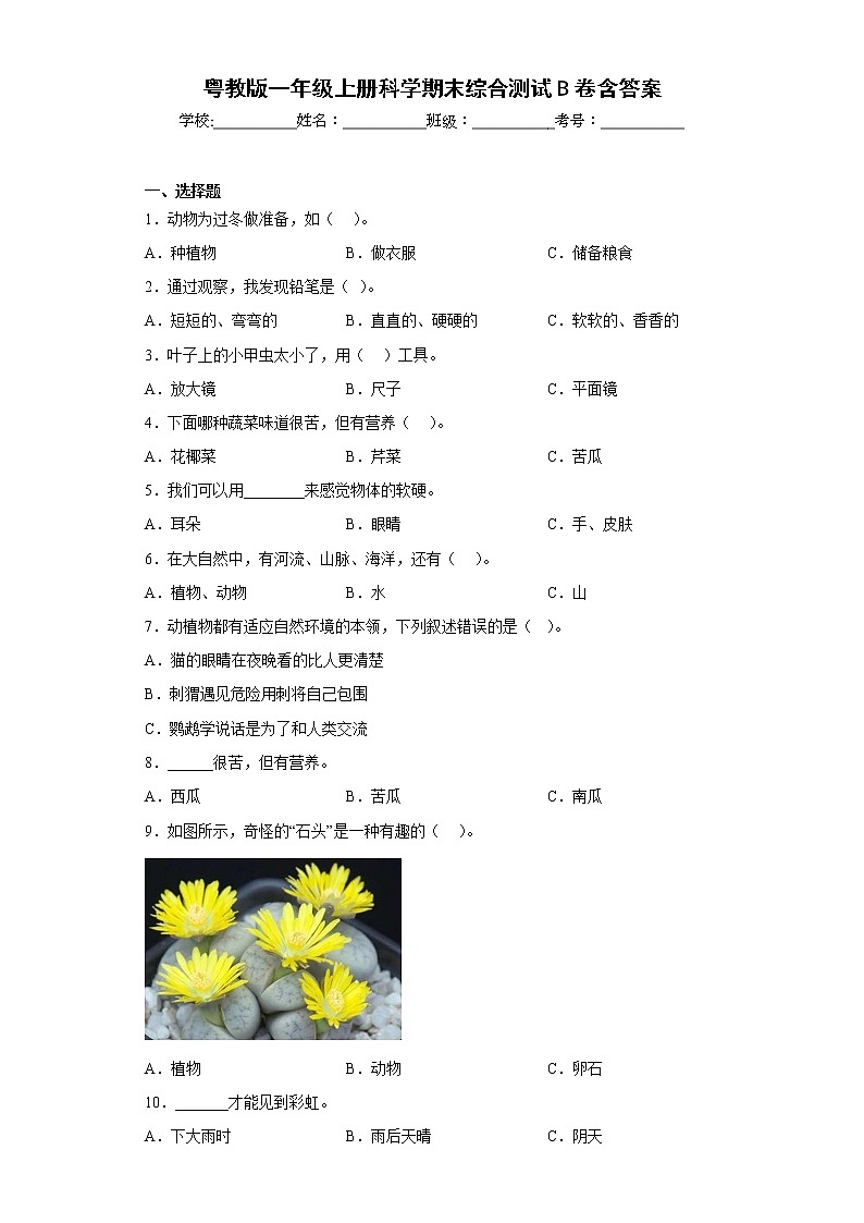 粤教版一年级上册科学期末综合测试B卷含答案第1页