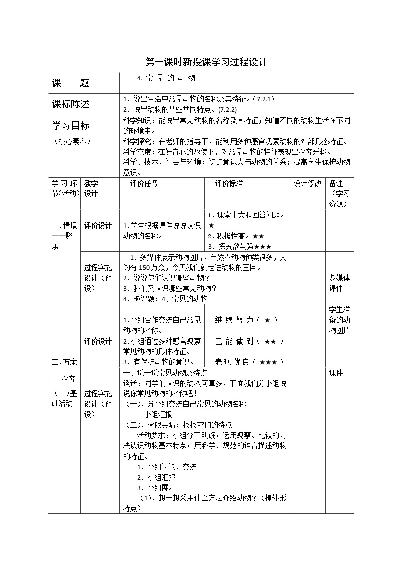 一年级下册科学学历案 教案试卷01