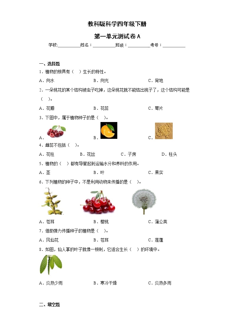 教科版科学四年级下册第一单元测试卷A01