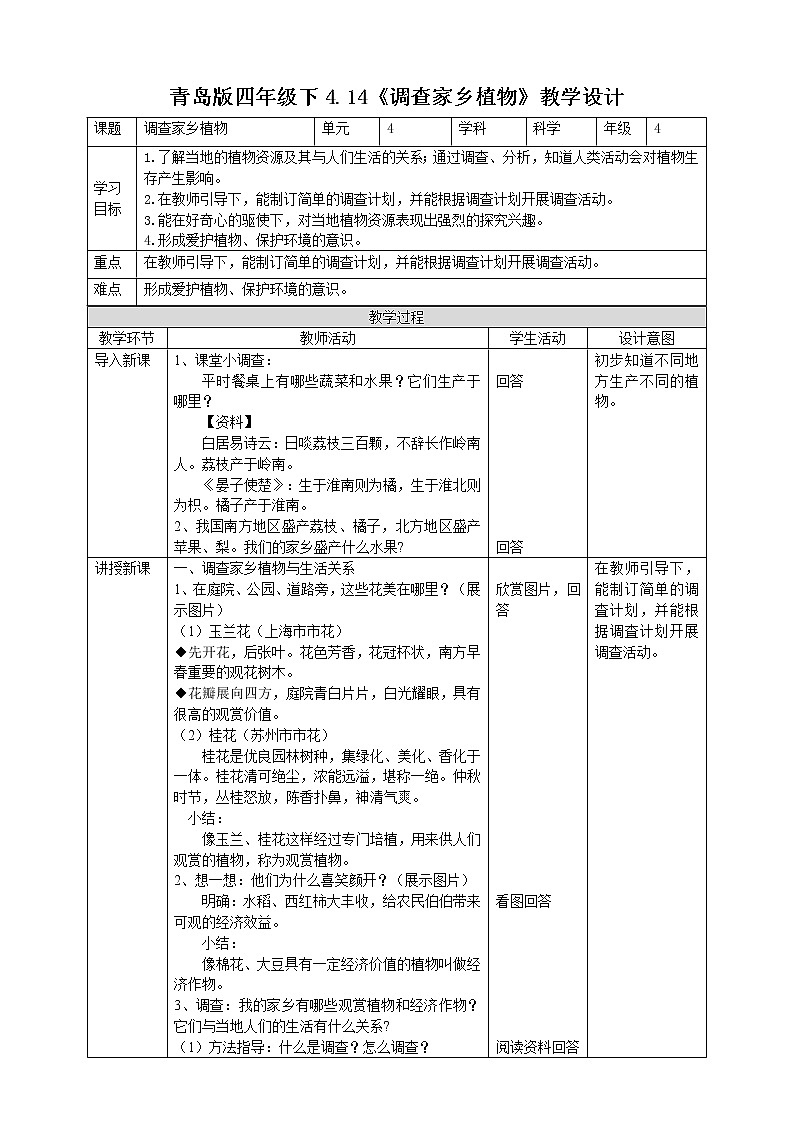 【青岛版六三制】四下科学 4.14《调查家乡植物》（课件+教案+练习）01