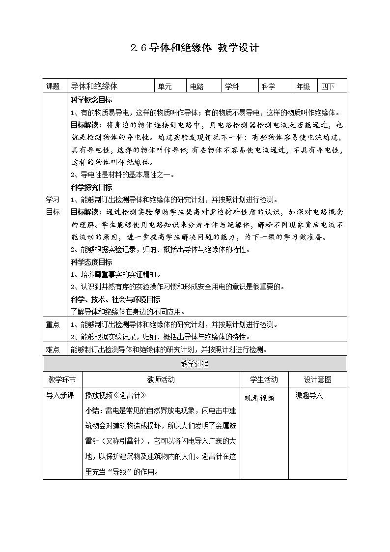 2.6《导体和绝缘体》课件+教案+试题（含解析）+素材 教科版（2017）四年级科学下册01