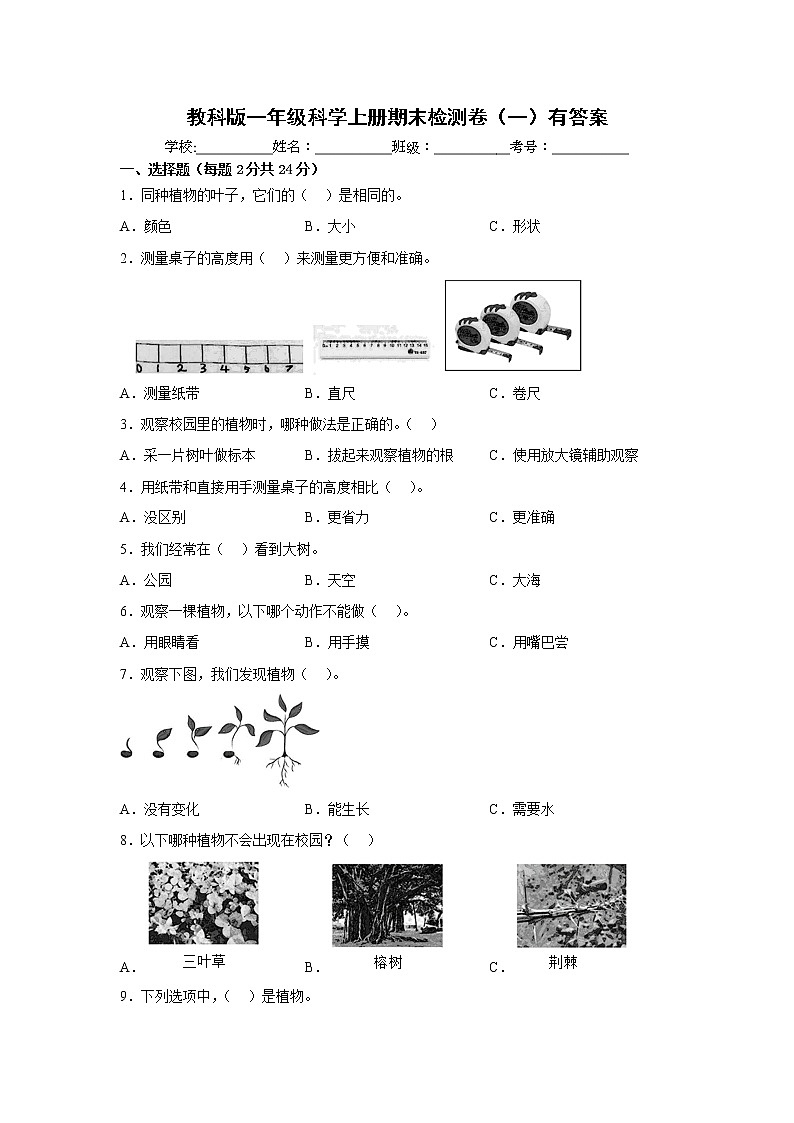 教科版一年级科学上册期末检测卷（一）有答案01