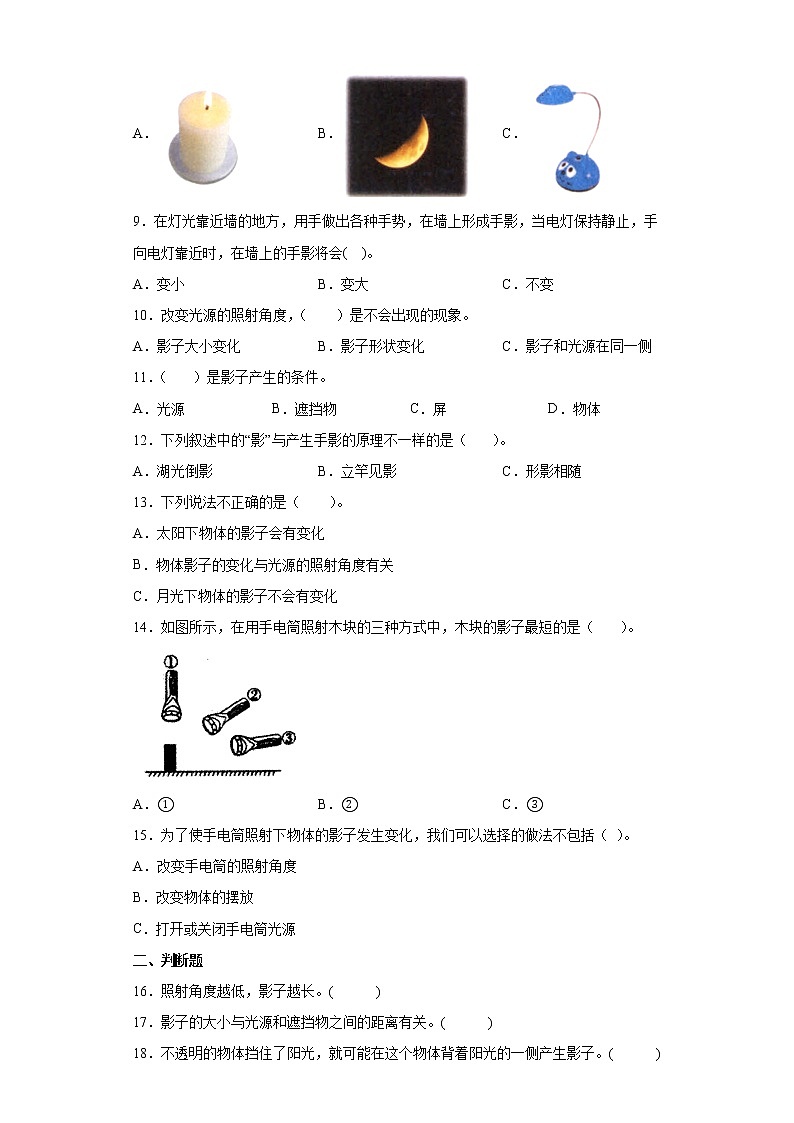 教科版（2017秋）三年级下册3.3 影子的秘密 同步练习 （含答案）第2页
