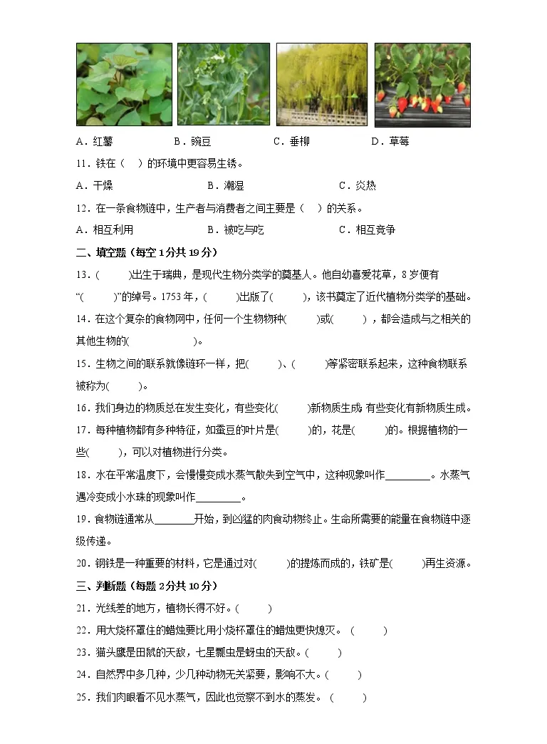 人教版六年级科学上册期末检测卷 二 有答案 教习网 试卷下载