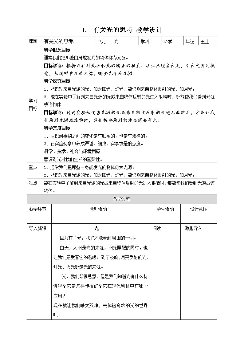 1.1有关光的思考 教案第1页