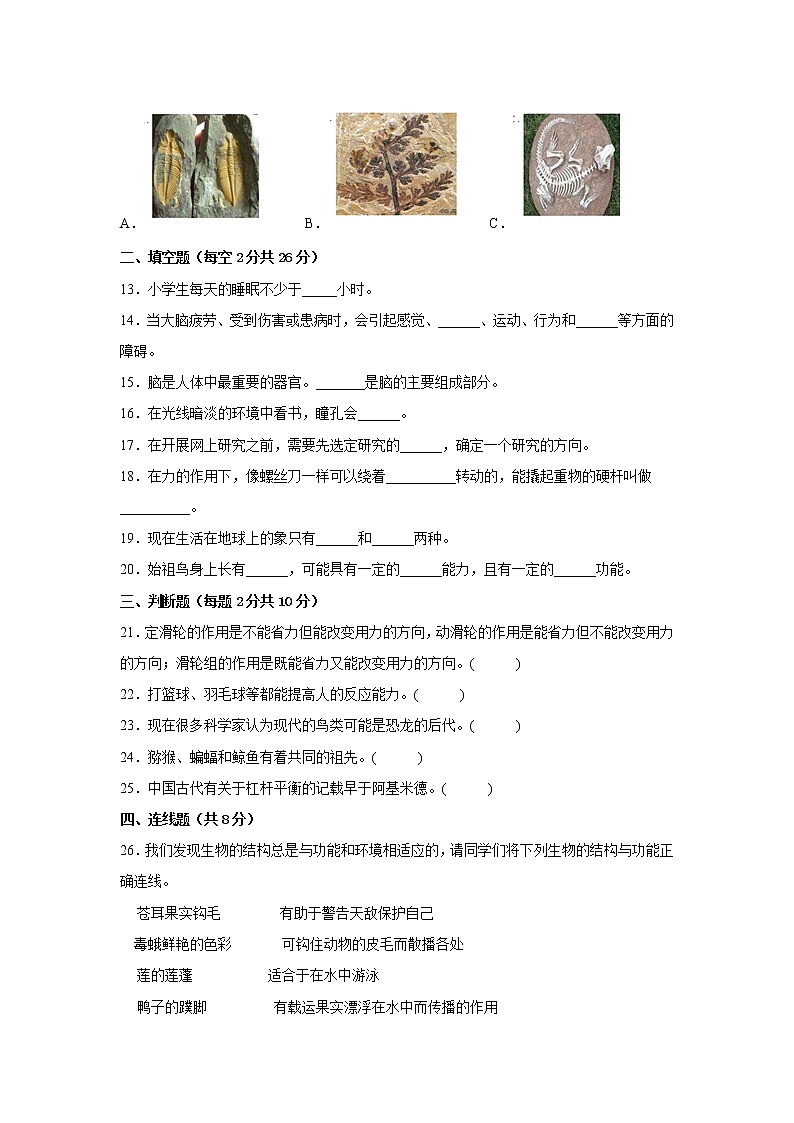 粤教版六年级科学上册期末检测卷（一）有答案02