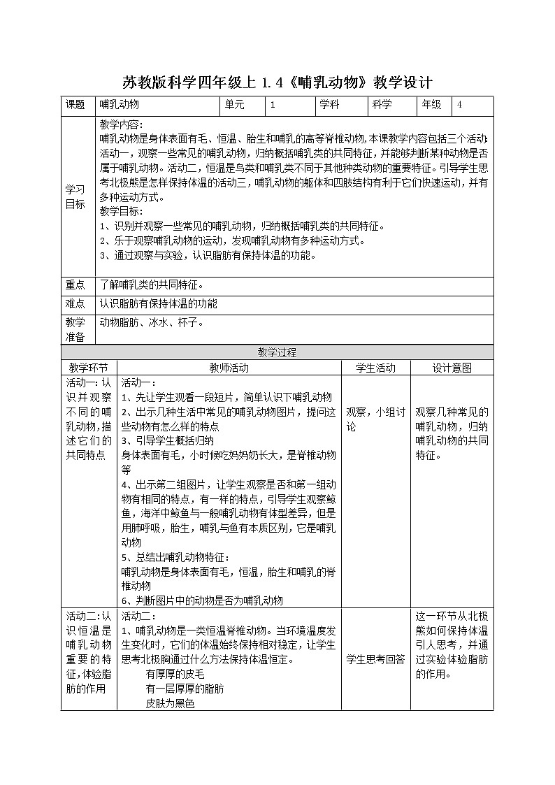 1.4哺乳动物（课件+教案+课时练）苏教版科学四年级上册01