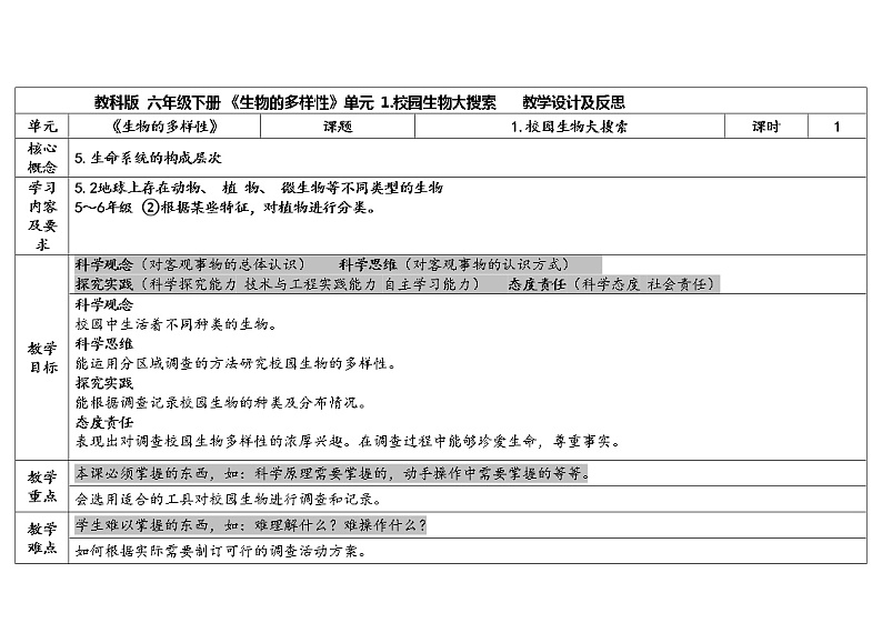 1.《校园生物大搜索》教学设计2023春第1页