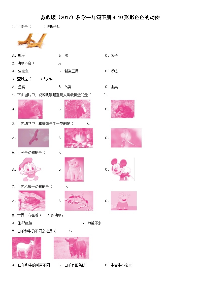 苏教版科学一年级下册 4.10形形色色的动物 同步练习（含答案）01