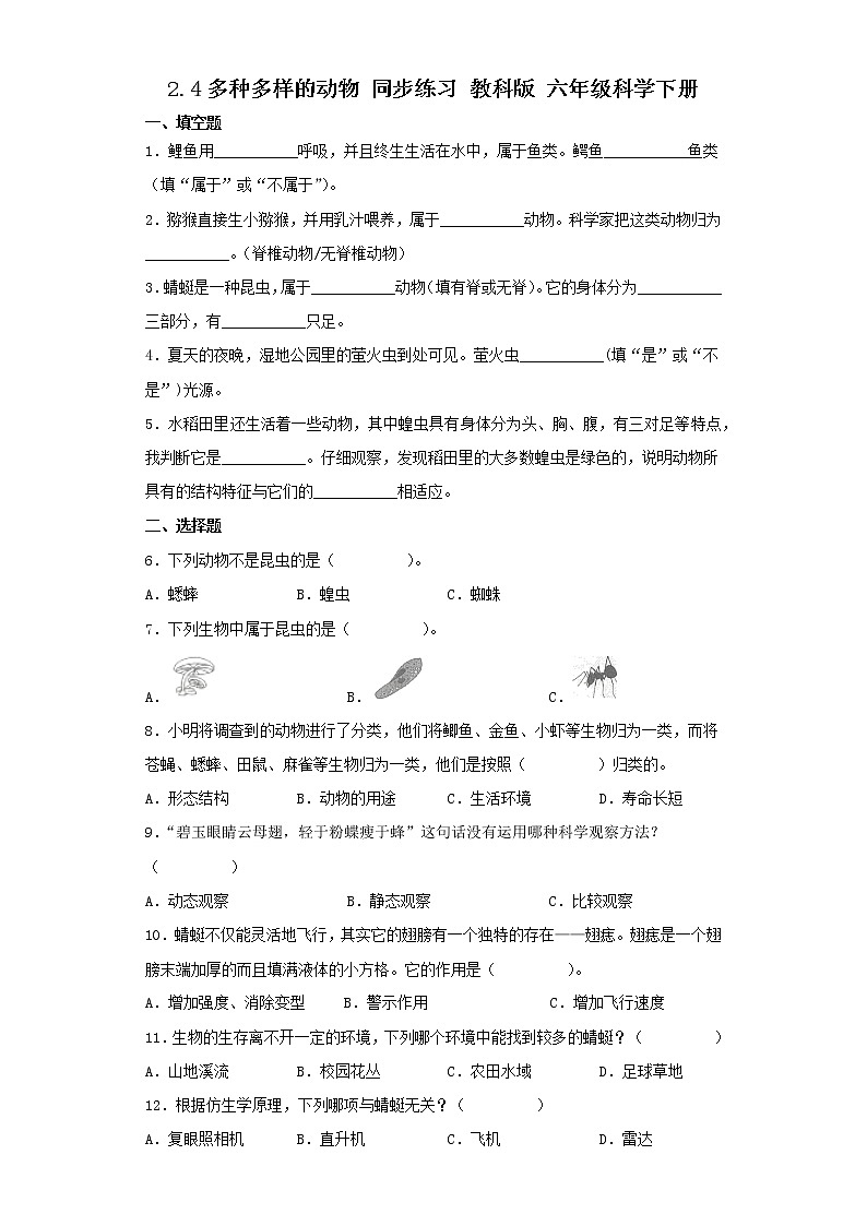 教科版科学六年级下册2.4多种多样的动物 同步练习（含答案）第1页