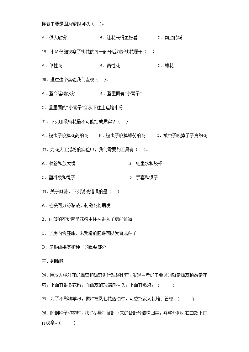 教科版科学四年级下册 1.5凤仙花开花了 同步练习（含答案）第3页