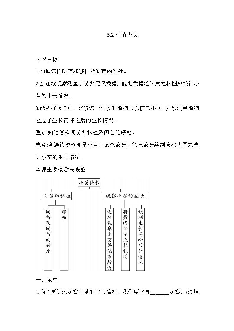 湘科版三年级下册科5.2 小苗快长 同步练习（含答案）第1页