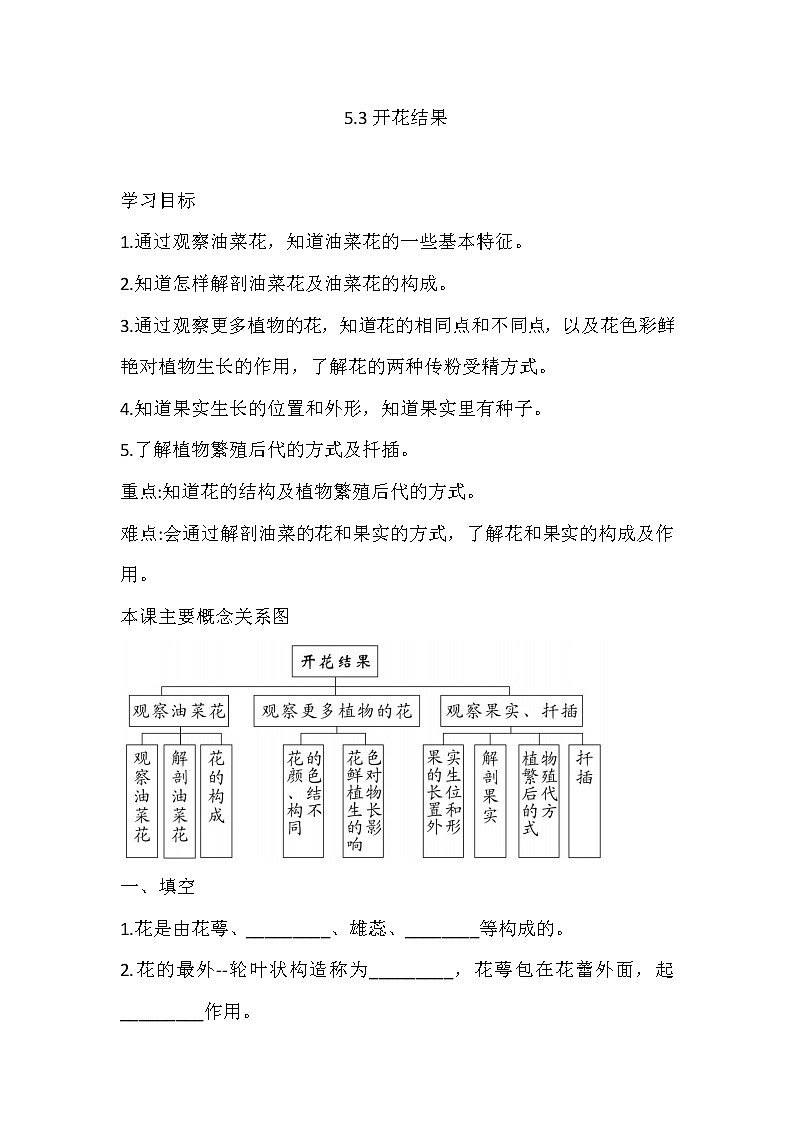 湘科版三年级下册科5.3 开花结果 同步练习（含答案）01