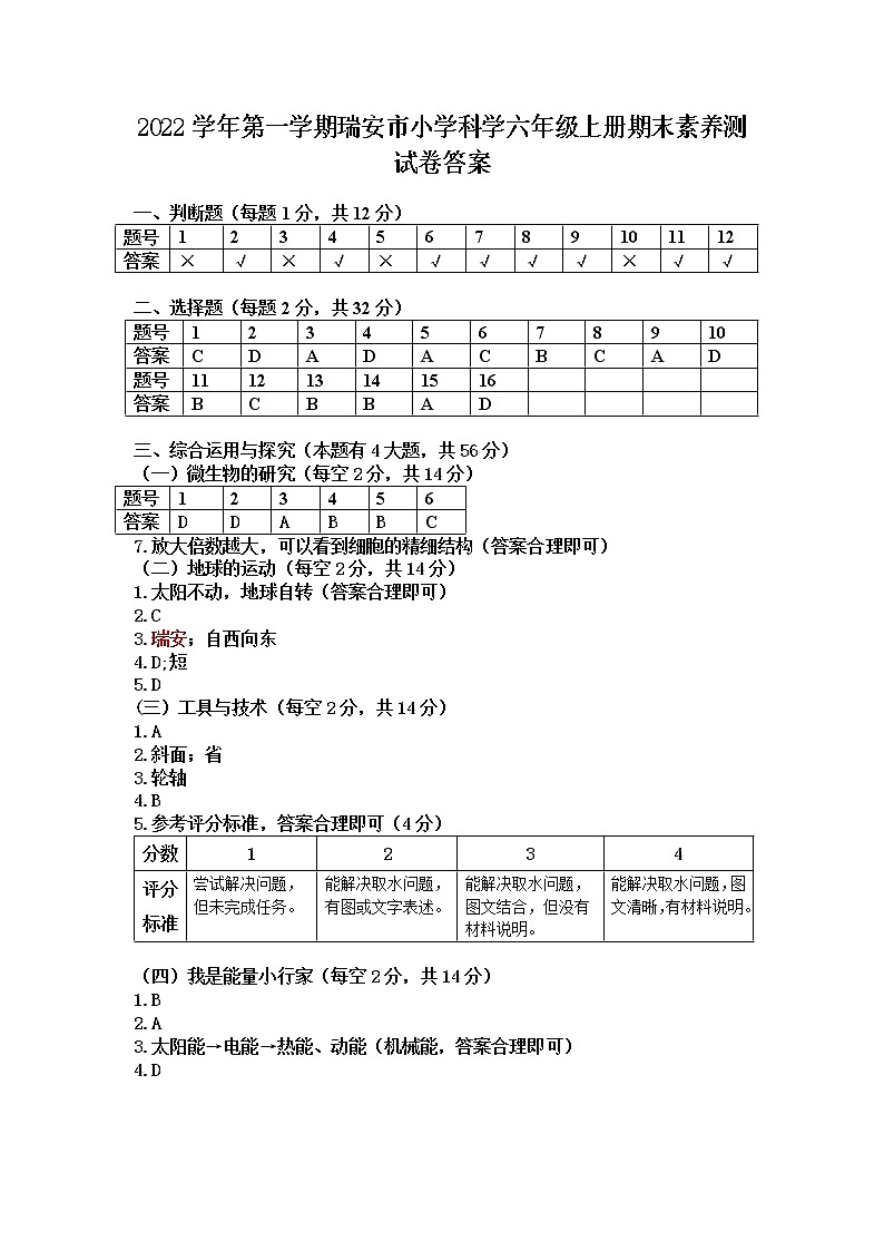 浙江省温州市瑞安市2022-2023学年上学期六年级科学期末检测试卷（含答案）01