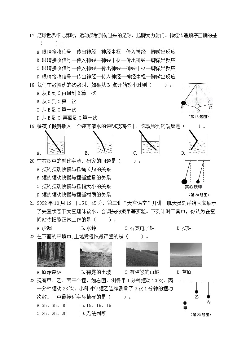 浙江省温州市瑞安市2022-2023学年上学期五年级科学期末检测试卷（含答案）02