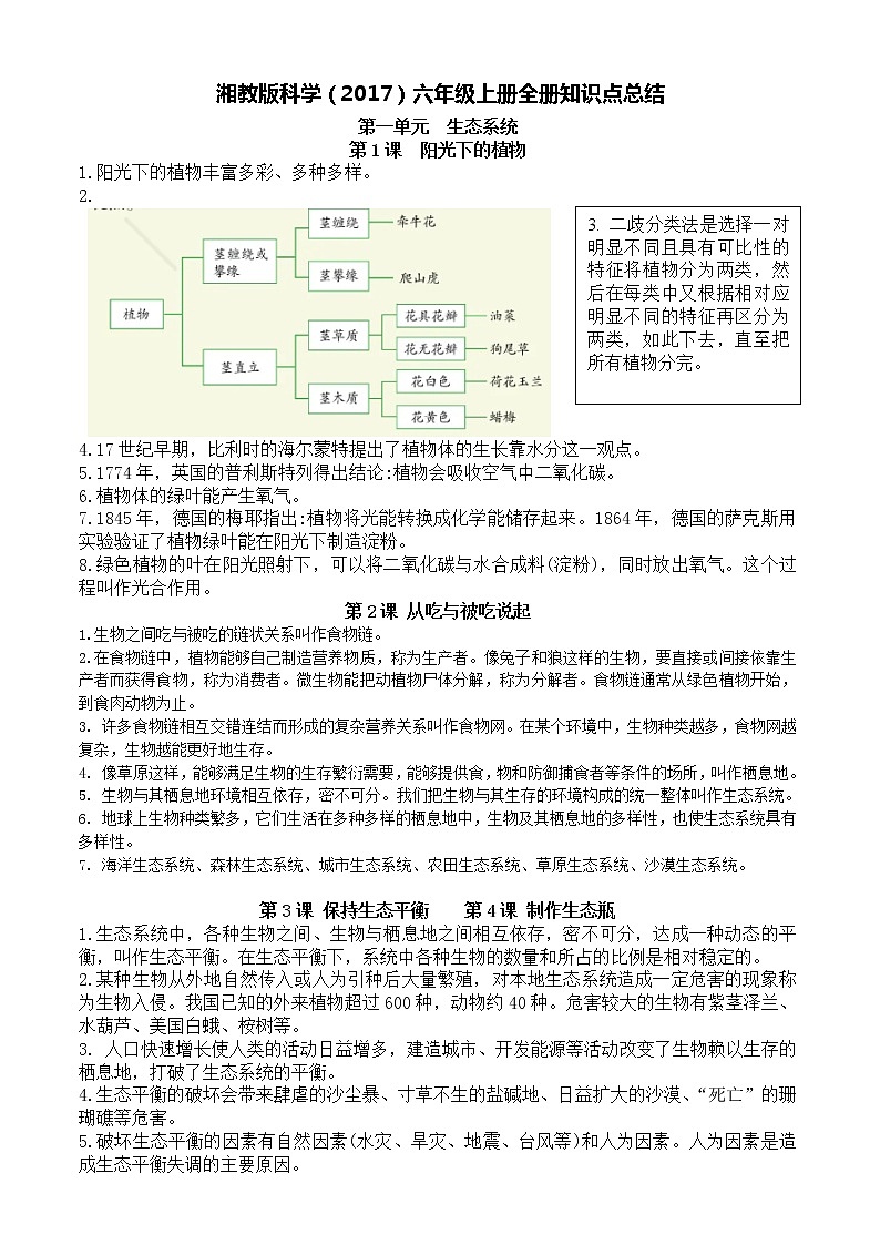 湘教版科学（2017）六年级上册全册知识点总结第1页